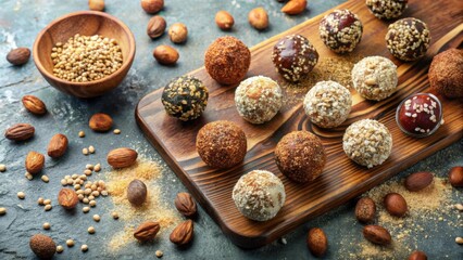 Homemade vegan raw truffles, energy balls with dates, nuts, and oats. Top view , vegan, homemade, raw, truffles, energy balls, dates