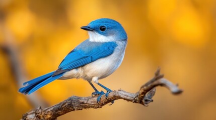 Obraz premium Blue-Footed Bird Perched on a Branch with a Blurred Yellow Background