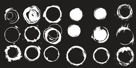 Grunge Circle Brush Strokes - 18 Unique Abstract Ink Ring Designs in White on Black Background