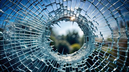 A shattered windowpane reveals a view of a sunlit sky, the fragmented glass forming a intricate web of brokenness