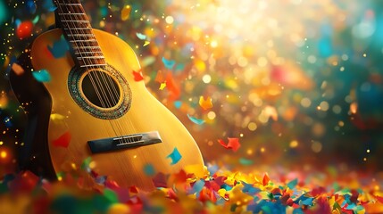 Naklejka premium Guitar surrounded by colorful confetti in an upbeat setting.
