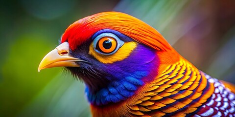 Fototapeta premium A vibrant bird with intricate plumage, showcasing a mesmerizing blend of crimson, azure, and golden hues, its sharp gaze captivating the viewer.