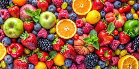Abstract background featuring a variety of colorful and juicy fruits and berries, fruit, berries, vibrant, abstract, colorful