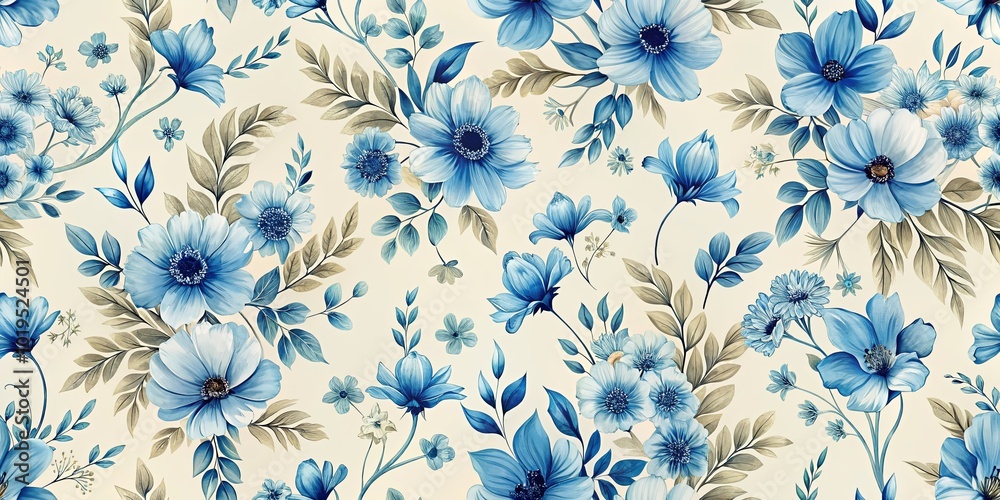 Wall mural a whimsical, ethereal pattern of delicate blue flowers, showcasing the vibrant beauty of nature in a