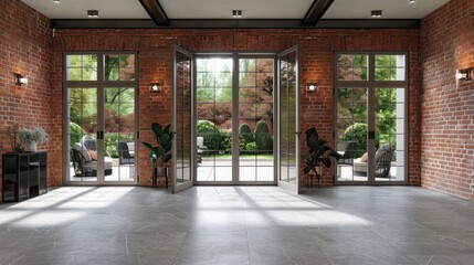 a living room with red brick walls and grey tile flooring in the center of the room is an open door that leads to a patio