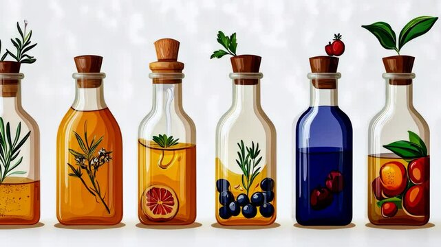 Six glass bottles with cork stoppers contain various liquids and ingredients, such as herbs, fruit, and berries