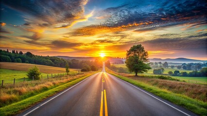 A winding road leading towards the horizon, bathed in the golden glow of a vibrant sunrise, with rolling hills and lush meadows stretching as far as the eye can see.