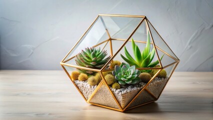Geometric terrarium with succulents and golden accents on a minimalist, light background, terrarium