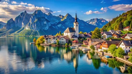 Scenic village of Traunkirchen on Lake Traunsee in the Salzkammergut region , Austria, village, Traunkirchen