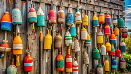 Colorful wooden buoys hanging on a shed in coastal Maine, USA , Maine, USA, wooden, buoys, colorful, shed, coastal