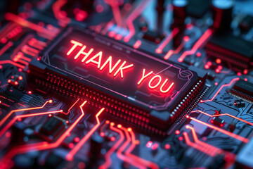 A vibrant electronic circuit board with a glowing 'THANK YOU' message in neon red on a microchip, technology and gratitude concept