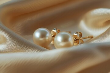 Pearl earrings on satin background, close-up view