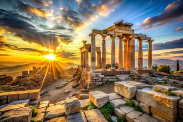 Iconic ancient ruins at sunrise, with the sun’s rays peeking over the horizon.