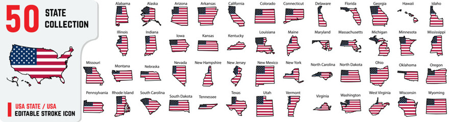 50+ USA Flag State Outline editable stroke icon, also includes New York, Pennsylvania, Rhode Island, South Carolina, South Dakota, Tennessee, Texas, Vector outline of 50 states with their names
