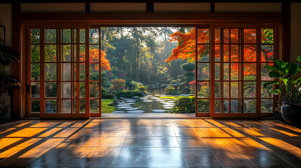 Japanese Garden View Through Sliding Doors Photo