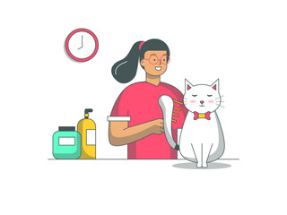 Owner is taking care of his pet cat. Cats illustration. Flat vector illustration.