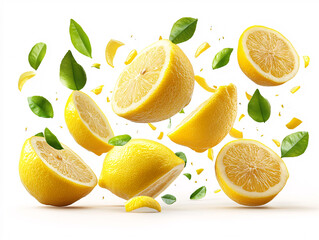  lemon being squeezed, with lemon slices flying out in a burst of yellow and green.