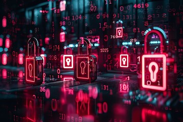 security concept with padlock symbols on server room background