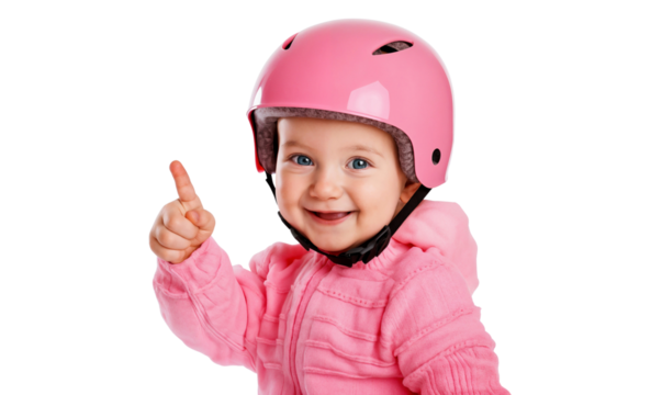 Smiling little child, wearing a helmet, pointing at something isolated on transparent background