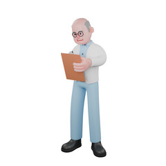 Obraz premium 3D Male Scientific Expert. A male scientist stands holding a clipboard in his right hand. Illustrated Science Character