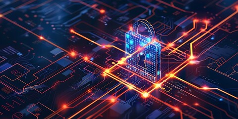 security concept with padlock symbols on server room background