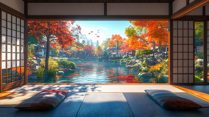 Autumnal Japanese Garden View Through Window in Room with Tatami Mat and Pillows 3D Illustration