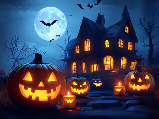 a Halloween scene with a lit jack-o'-lantern in front of a spooky house, surrounded by smaller pumpkins with candles.
