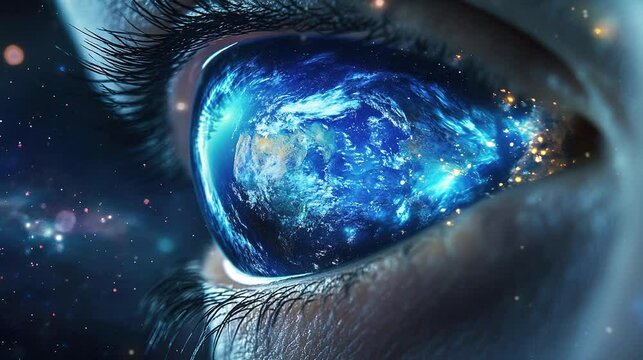 Blue human eyeballs made of the Earth planet in futuristic concept. 4k HD background wallpaper for technological, environment events.
