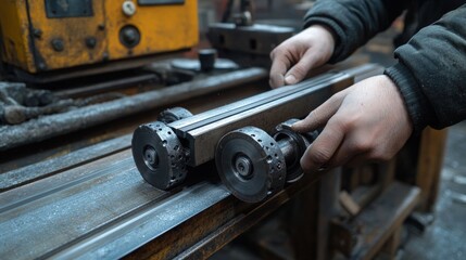 Fototapeta premium A worker's hands are shown holding a metal bar with four wheels attached to it, likely part of a machine.