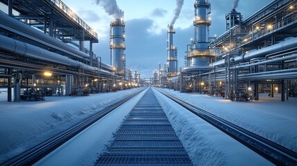 Fototapeta premium Industrial scene with pipelines and smokestacks in snowy landscape.
