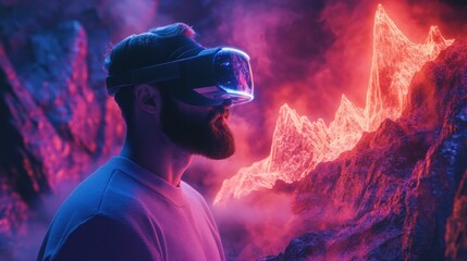 Fototapeta premium A man wearing a VR headset is standing in front of a glowing, futuristic landscape.