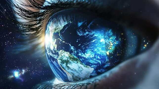 Blue human eyeballs made of the Earth planet in futuristic concept. 4k HD background wallpaper for technological, environment events.