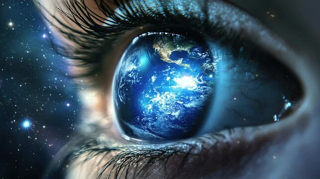 Blue human eyeballs made of the Earth planet in futuristic concept. 4k HD background wallpaper for technological, environment events.