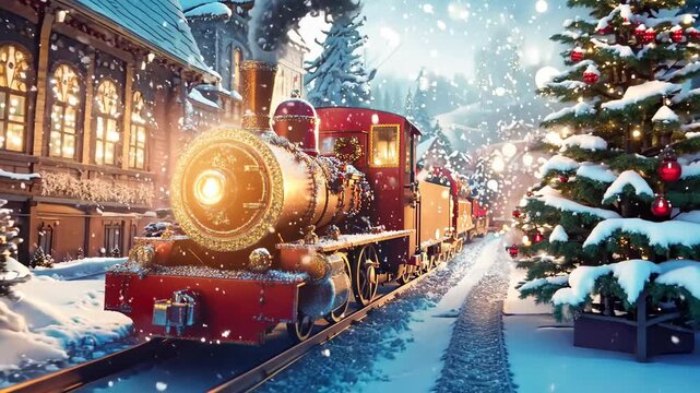 Magical Winter Train Journey Through a Snowy Village During Festive Holiday Season