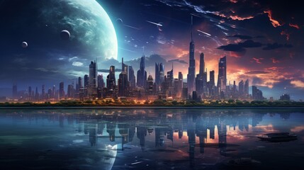 Fototapeta premium Futuristic Cityscape with Giant Moon and Shooting Stars