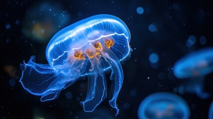 Naklejka premium Blue Bioluminescent Jellyfish in Dark Water