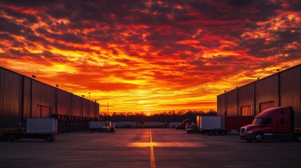 A vibrant sunset over a truck yard with warehouses, highlighting industrial scenery.