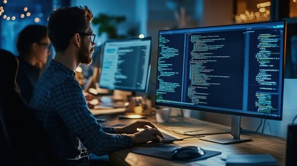 A scene showcasing a team of software developers coding, collaborating, and testing applications in a modern development environment