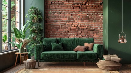 brown brick wall and green wall living room decoration fireplace and home ornaments interior style