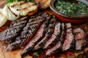 A plate of grilled meat with a side of bread and a bowl of sauce