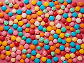 Assorted colorful candies on a vibrant pink background, showcasing sweet treats and playful design