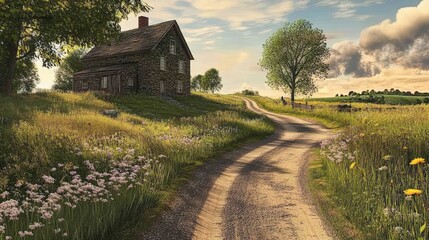 Stone house, winding road, field of wildflowers.
