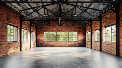 Industrial loft style empty old warehouse interior,brick wall,concrete floor and black steel roof structure