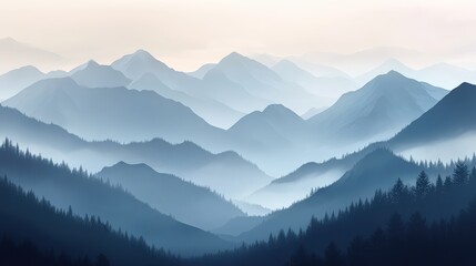 Silhouetted mountain range in a misty morning.