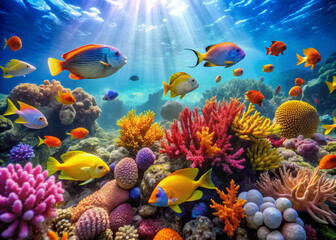 Vibrant tropical fish swim gracefully among colorful coral reefs, creating stunning underwater scene filled with life and beauty. sunlight filters through water, enhancing vivid colors of marine