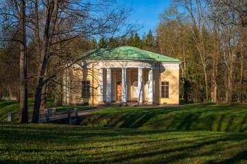 View of the Concert Hall pavilion in the Catherine Park of Tsarskoye Selo on a sunny spring day, Pushkin, St. Petersburg, Russia