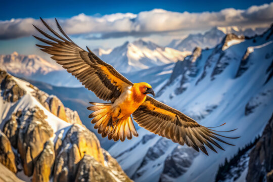 majestic bearded vulture soars gracefully over snow capped mountains, showcasing its striking orange plumage against breathtaking backdrop of rugged peaks and clear skies