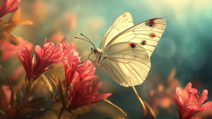 Naklejka premium White Butterfly Perched on Pink Blossoms
