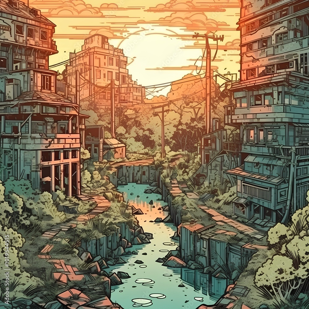 Wall mural illustration of the city at sunset with a river in the foreground