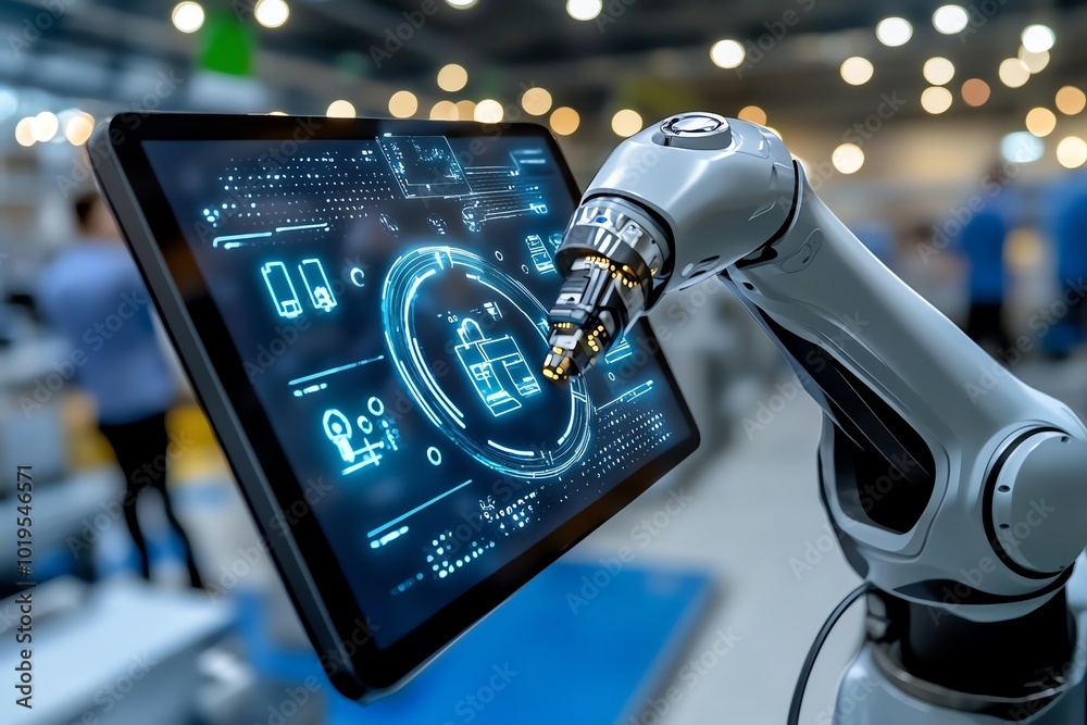 Poster Realistic image of a robotic arm in a factory, demonstrating tomorrowâ€™s solutions for manufacturing automation, with digital displays showing efficiency improvements, symbolizing the future
